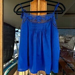Express Camisole Style Tank Top Lace and Pleats Detailing at Neckline Blue Large